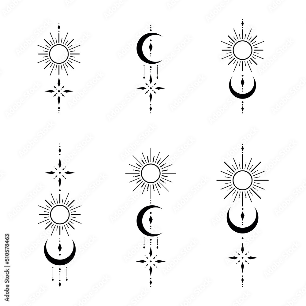 Set of blackwork tattoo with sun, moon, star. Sacred geometry tattoo design, mystic symbol. New school dotwork, line art minimalist style tattoo. Boho design. Print, posters, t-shirts and textiles.