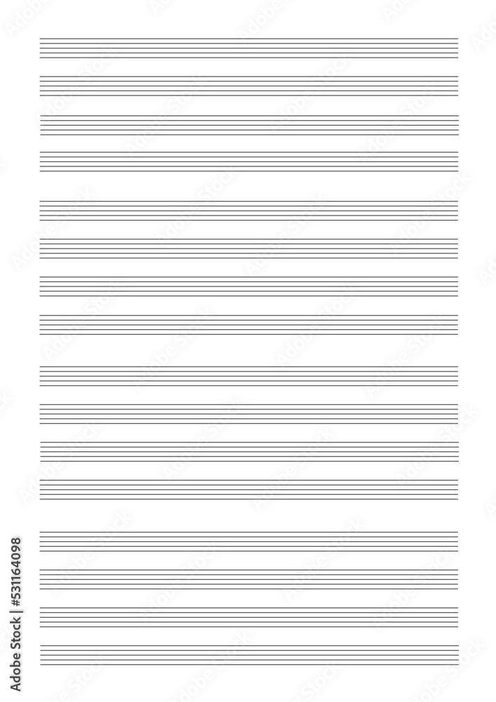 Blank sheet of music paper with empty staff lines for notation of musical notes, four lines per system, for quartet (portrait)