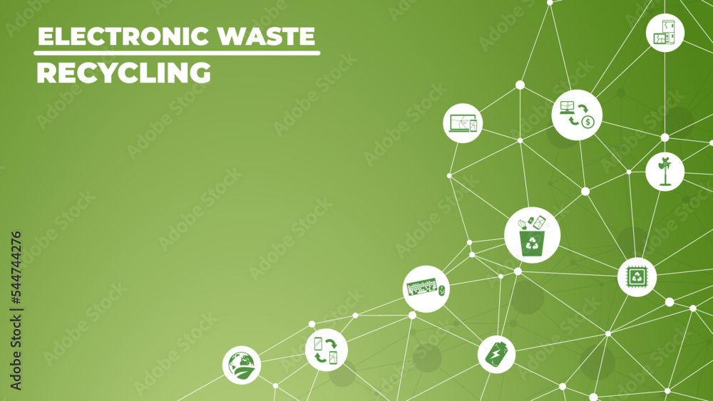 Electronic waste recycling vector illustration. Concept with connected icons related to e-waste, responsible disposal of old electronics, phones and equipment