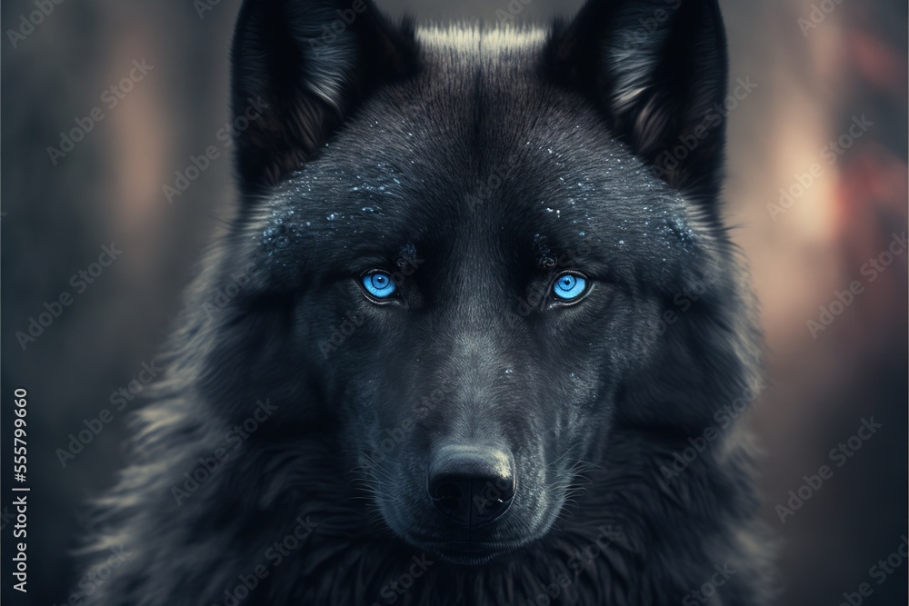 Black wolf with blue eyes, beautiful wild animal