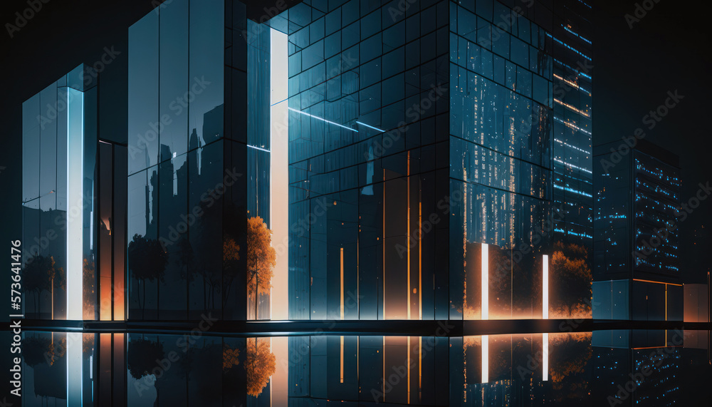 Skyscrapers at night, dark building facade, city lights reflection on glass. Generative AI