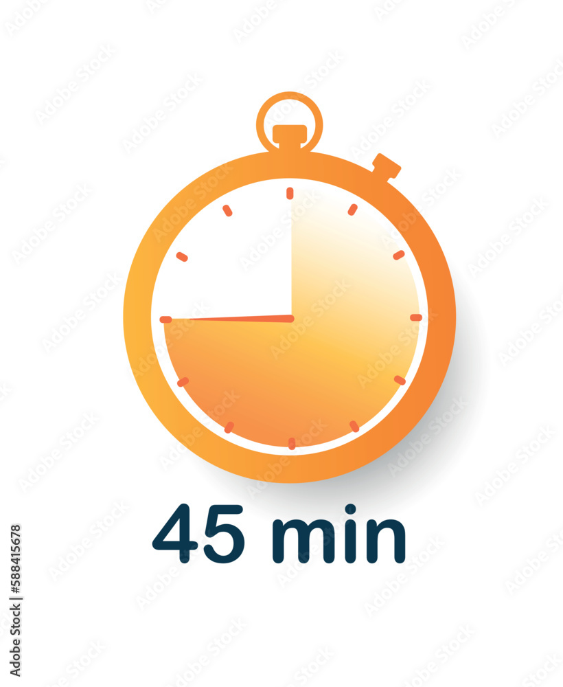 45 minutes clock icon. Hour segment, time and deadline. Motivation and goal setting. Special marketing limited offer. Promotions and discounts. Cartoon flat vector illustration