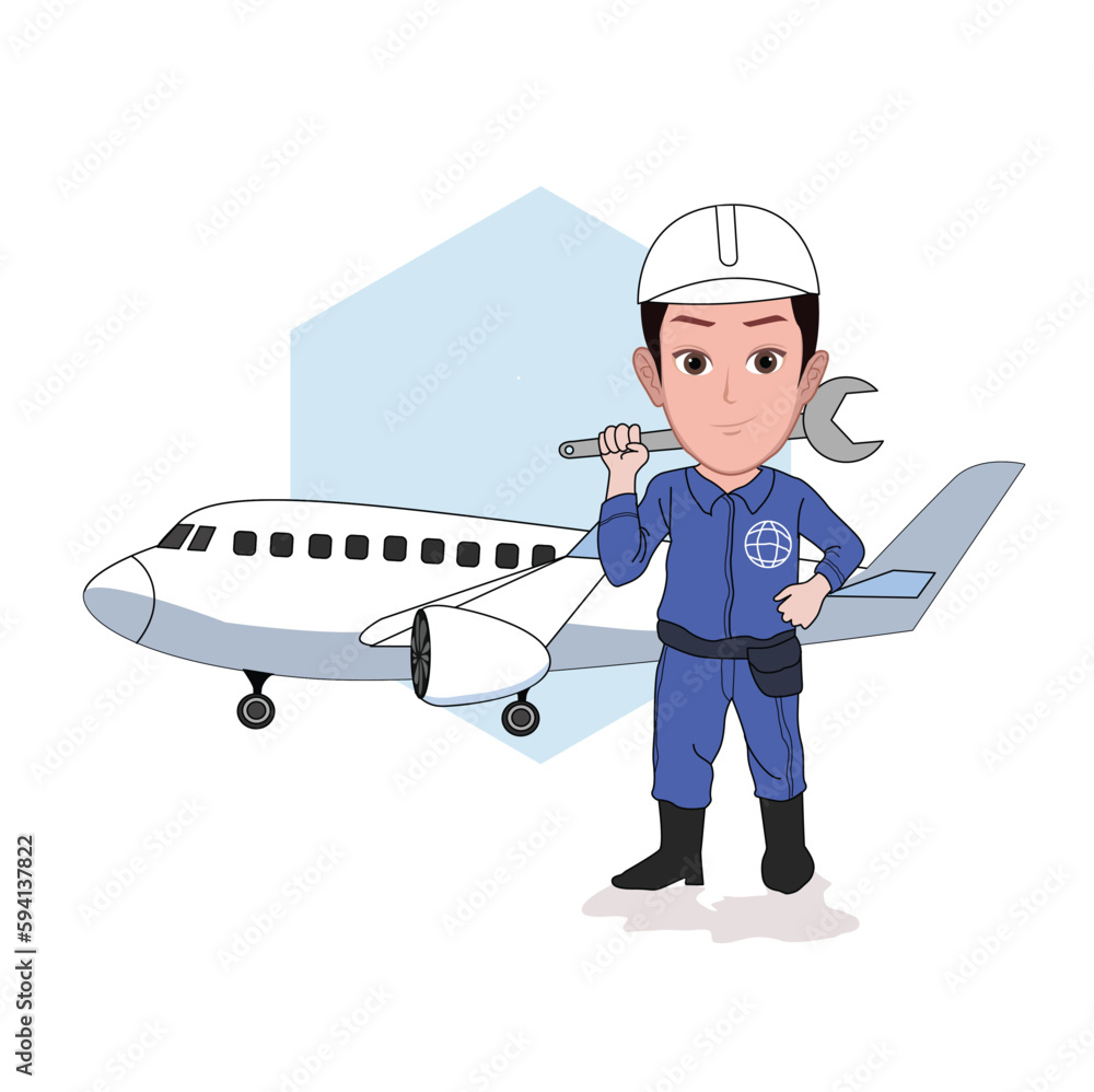 cartoon caricature character of an aircraft engine repair technician posing in service uniform and holding a wrench next to an airplane. Vector isolated illustrations.