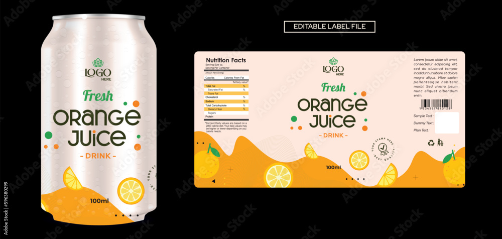 Orange Juice label design, soft drink bottle label design. Soda can vector. Energy drink label design. Orange flavor fruit juice label template design.