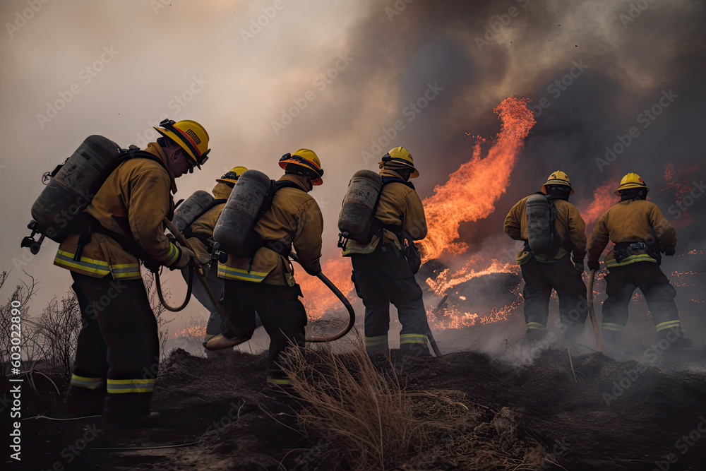 Firefighters putting out a wildfire fire. Group of firefighters extinguishing fire burning in nature. Generative AI