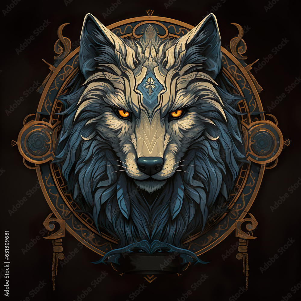 Epic High Fantasy Norse mythology Viking Wolf Head logo coat of arms emblem