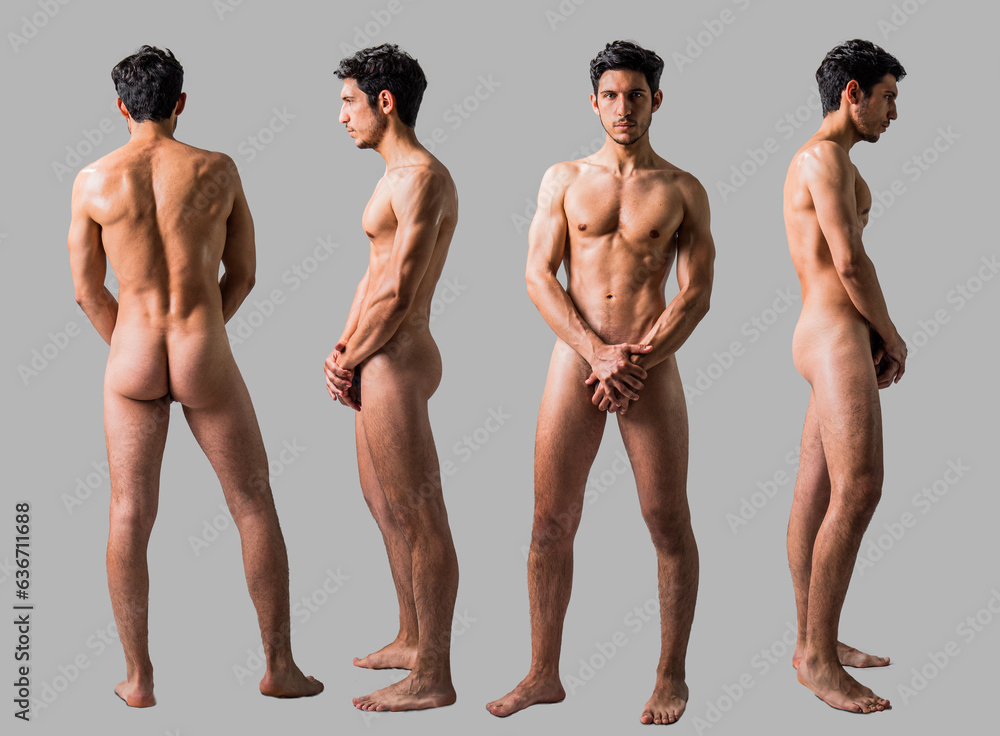 Four views of athletic shirtless young man: back, front and profile shot