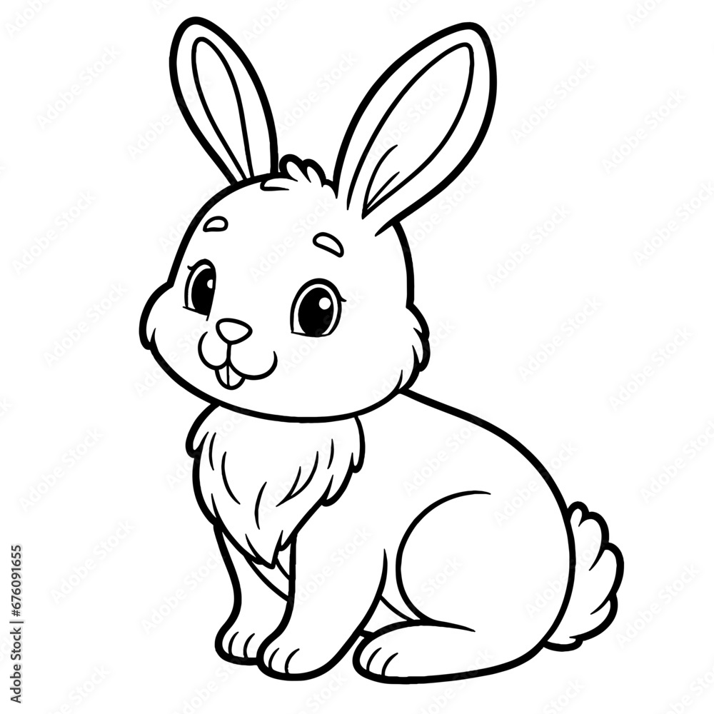 Rabbit, bunny, bunny rabbit coloring book page, coloring page, farm animal, black and white, isolated, vector art, toddler, preschool, kindergarten