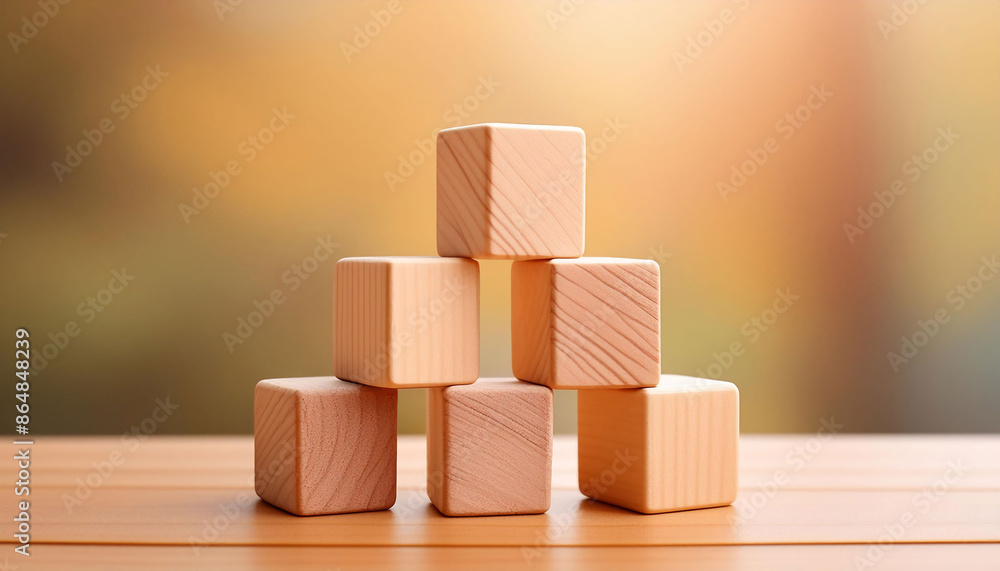 Six natural wooden blocks stacked pyramidally on table, blurred background, educational use with letters or numbers.