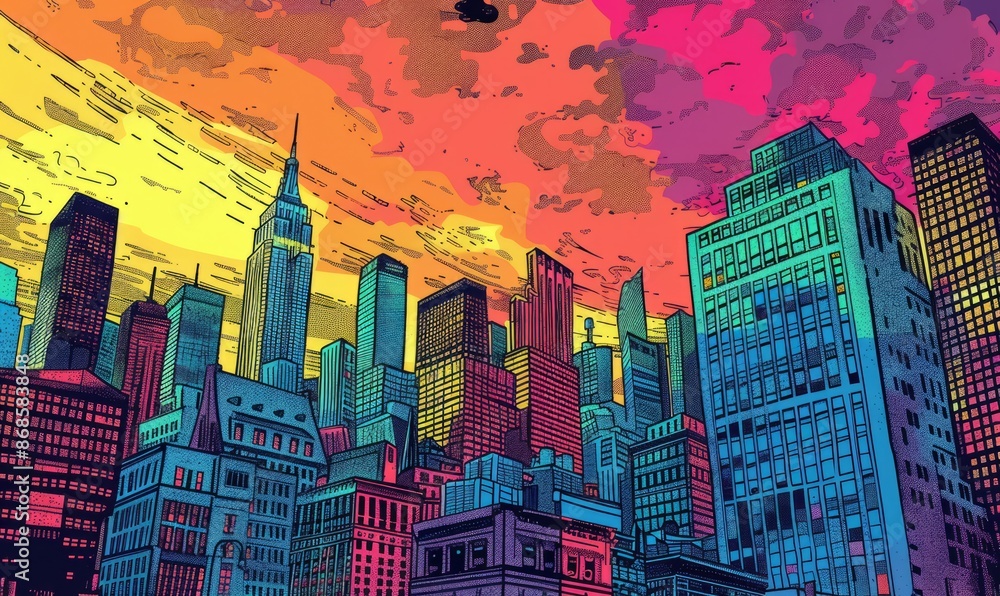 Retro comic book-style cityscape in bold colors