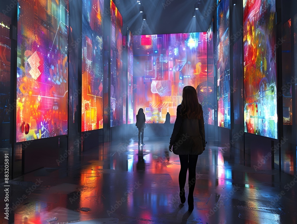 Vibrant Digital Art Gallery with Interactive Screens Inviting Visitors to Create and Display Their Own Innovative and Participatory Artworks