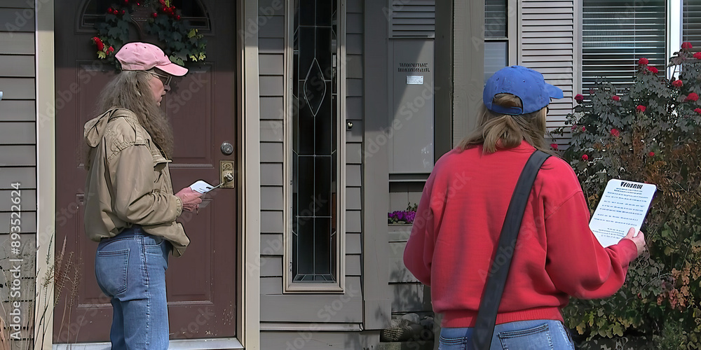 Election Day Efforts: Volunteers distributing campaign flyers door-to-door, engaging with voters in a suburban neighborhood