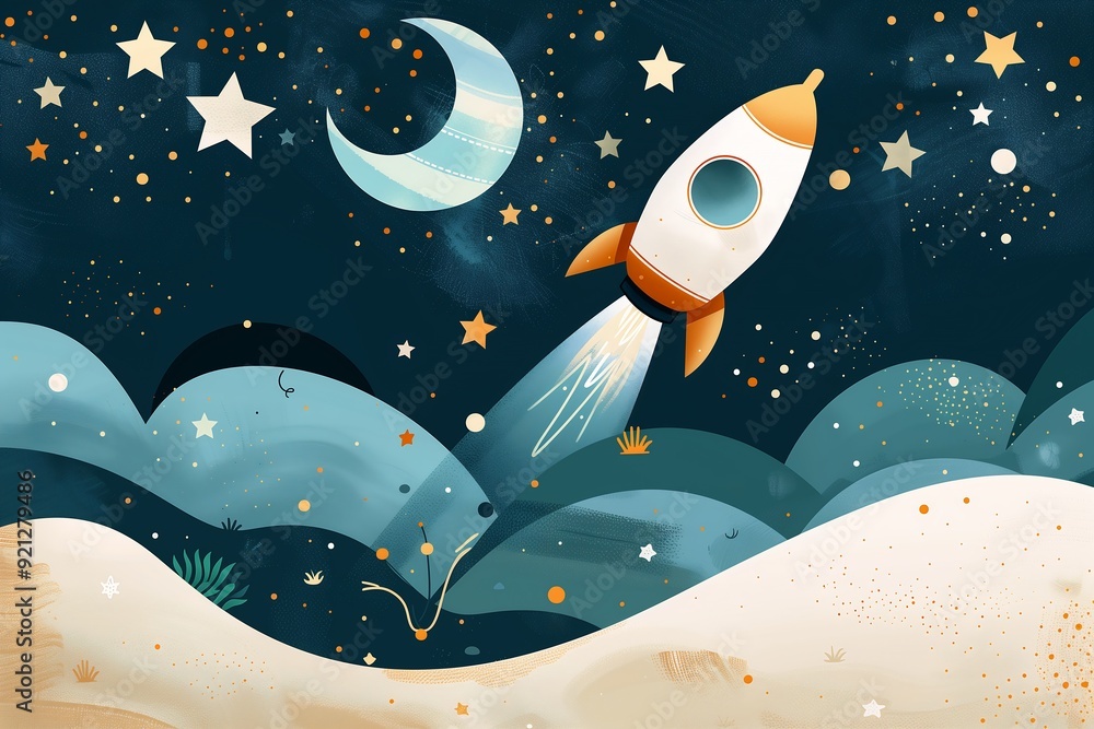 cartoon rocket flying sky stars illustration solid color background vignette mural romanticism marketplace