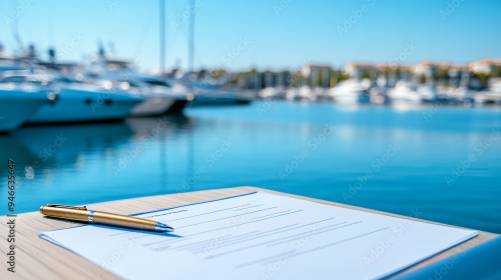 Close-up of boat rental paperwork with a picturesque marina view in the background pens and documents ready for signing secure and easy boat rentals 