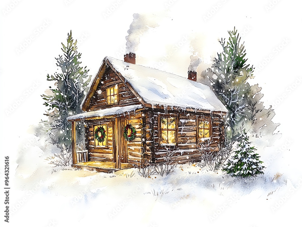 Cozy cabin with glowing windows in a snowy winter scene.