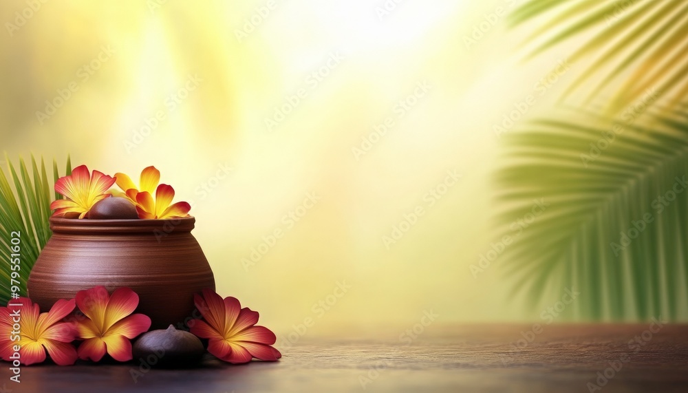 Greeting card with tropical flowers in traditional Indian pot kalash on blurred background. Hindu Puja and Festival Vishu celebration concept. Holiday Ugadi or Gudi Padwa Hindu New Year. Copy space.