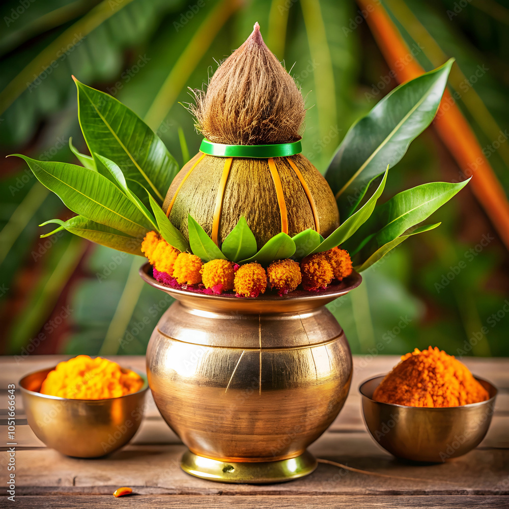 A kalash, or holy pot, draped in mango leaves