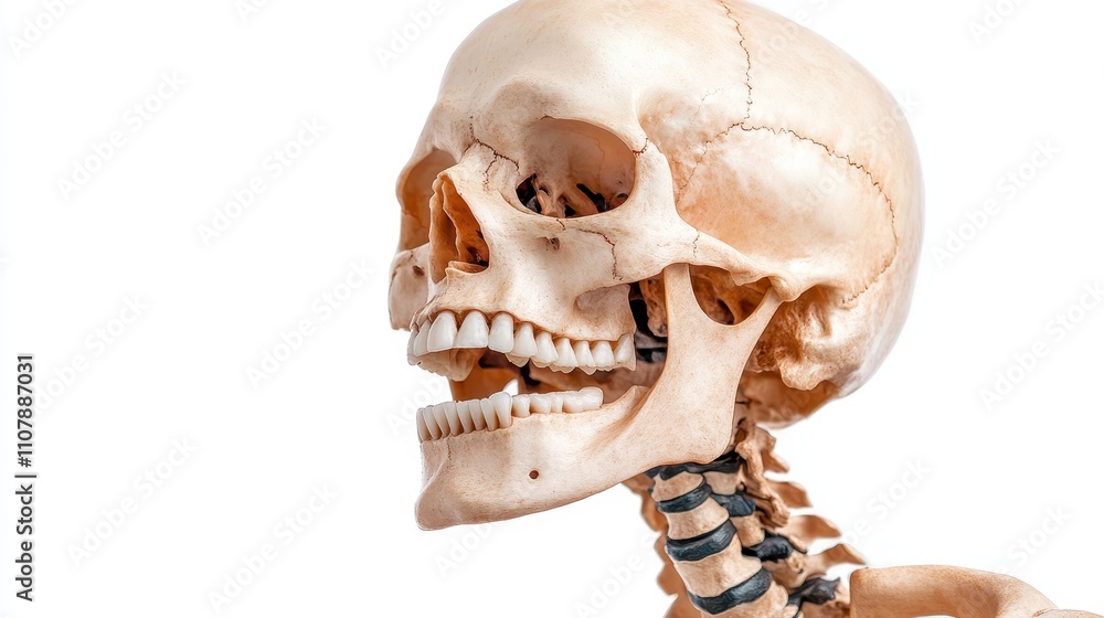 This image showcases a side profile of a realistic human skull, highlighting anatomical details such as the jaw, teeth, and cranial structure against a white background.