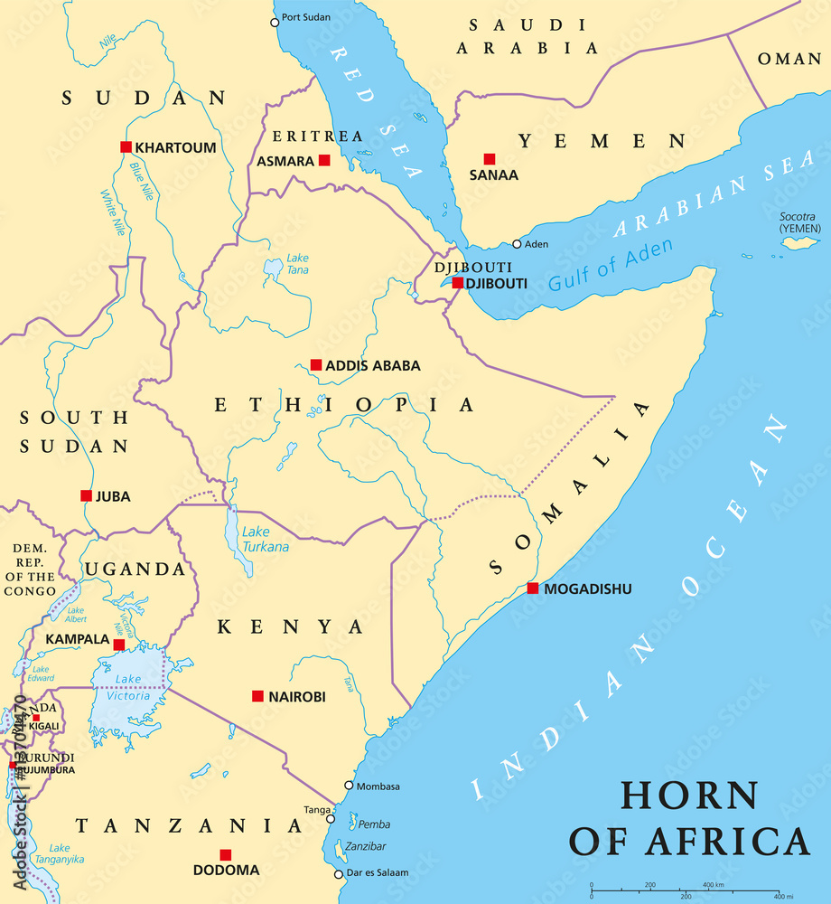 Horn of Africa peninsula political map with capitals, national borders ...