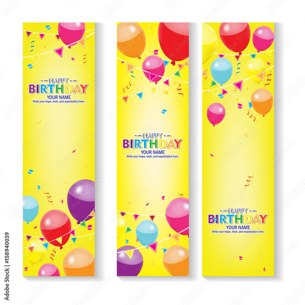 Print Editable yellow background vertical happy birthday banner with  balloon and confetti decoration set. Stock Vector | Adobe Stock