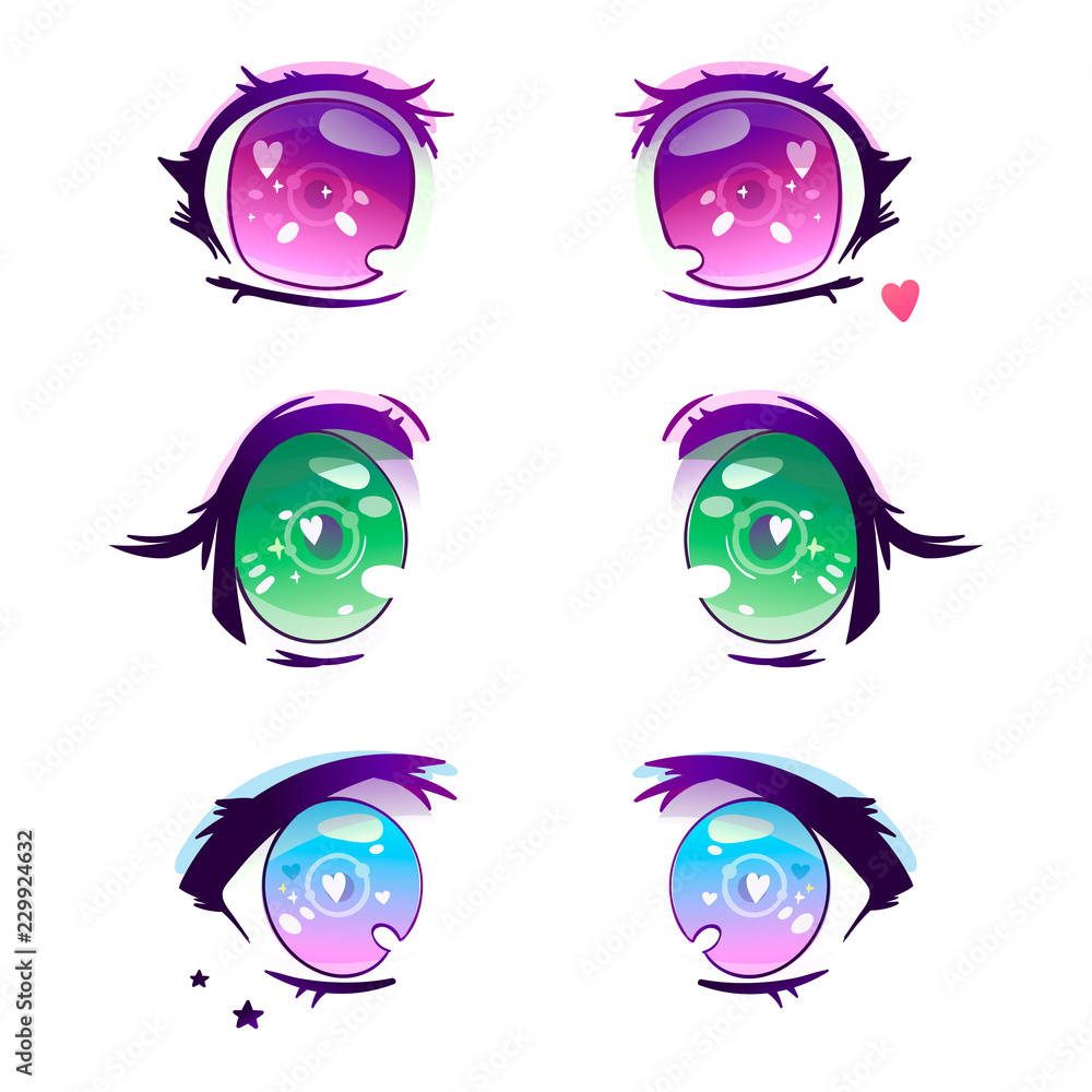 Hand drawn cute anime eyes. Colored vector set. All elements are ...