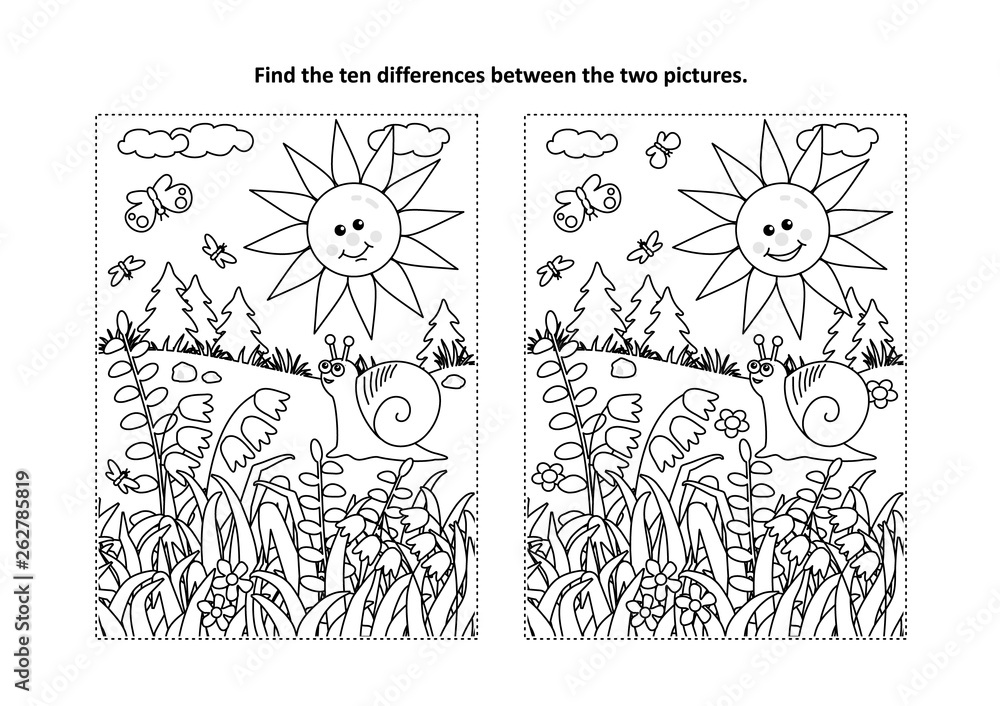 Find the ten differences picture puzzle and coloring page with sun ...