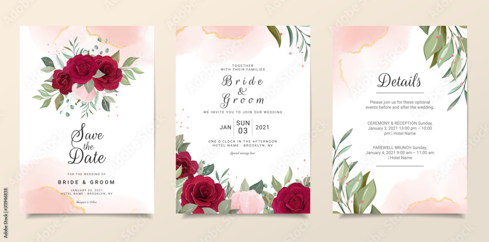 Elegant wedding invitation card template set with floral frame and fluid  background. Roses and leaves botanic illustration for background, save the  date, invitation, greeting card, poster vector Stock Vector | Adobe Stock