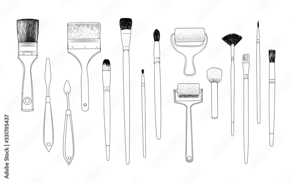 A set of art brushes, palette knifes and foam rubber rollers. Linear ...