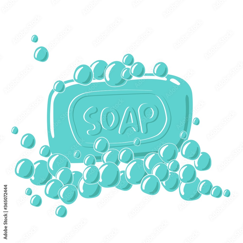 Teal soap bar in foam. Soap with bubbles. Cartoon vector illustration ...