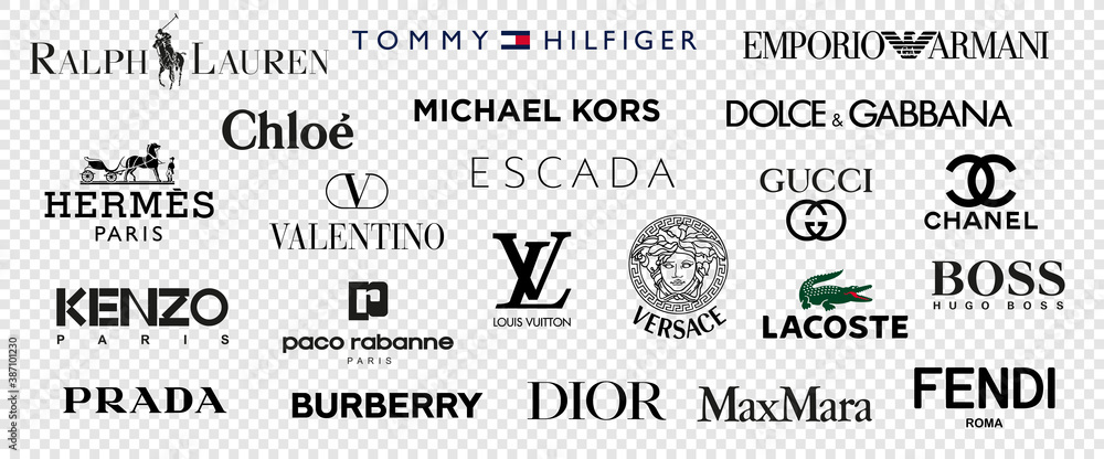 Top and most popular clothing brands. Logo Louis Vuitton, GUCCI, Hermes ...