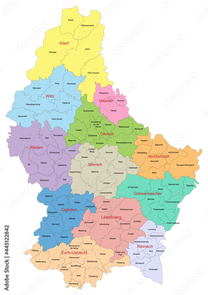 Carte du Luxembourg avec représentation des divisions par cantons et ...