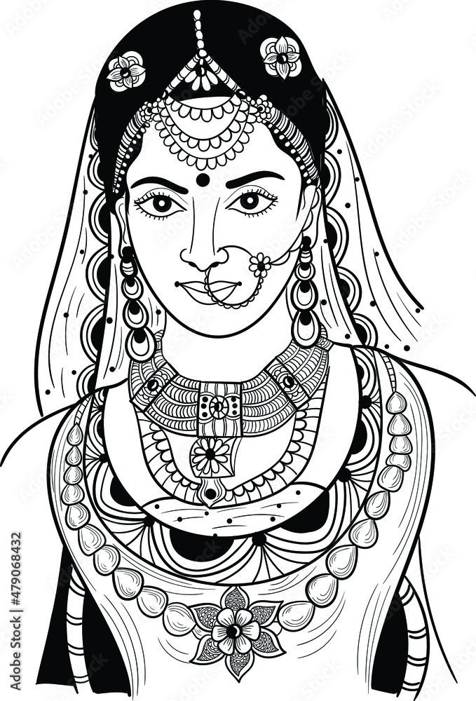 Indian bride black and white line drawing clip art. Indian wedding clip ...