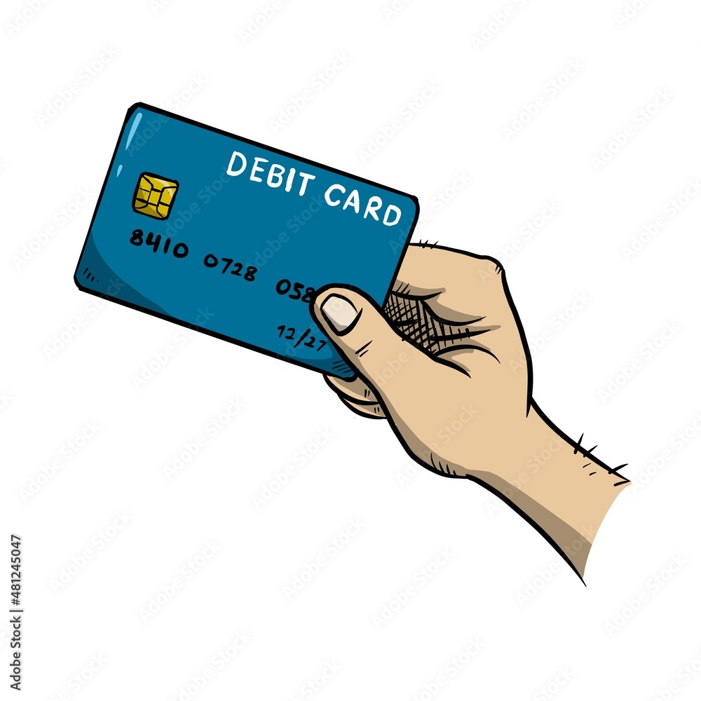 hand-holding-debit-card-cartoon-comic-style-sticker-hand-drawn-isolated-on-white-stock-illustration-adobe-stock