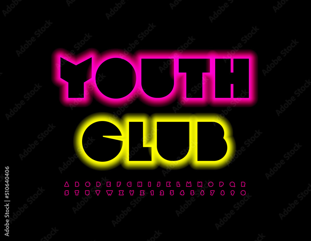 Vector neon Emblem Youth Club. Unique glowing Alphabet Letters and ...