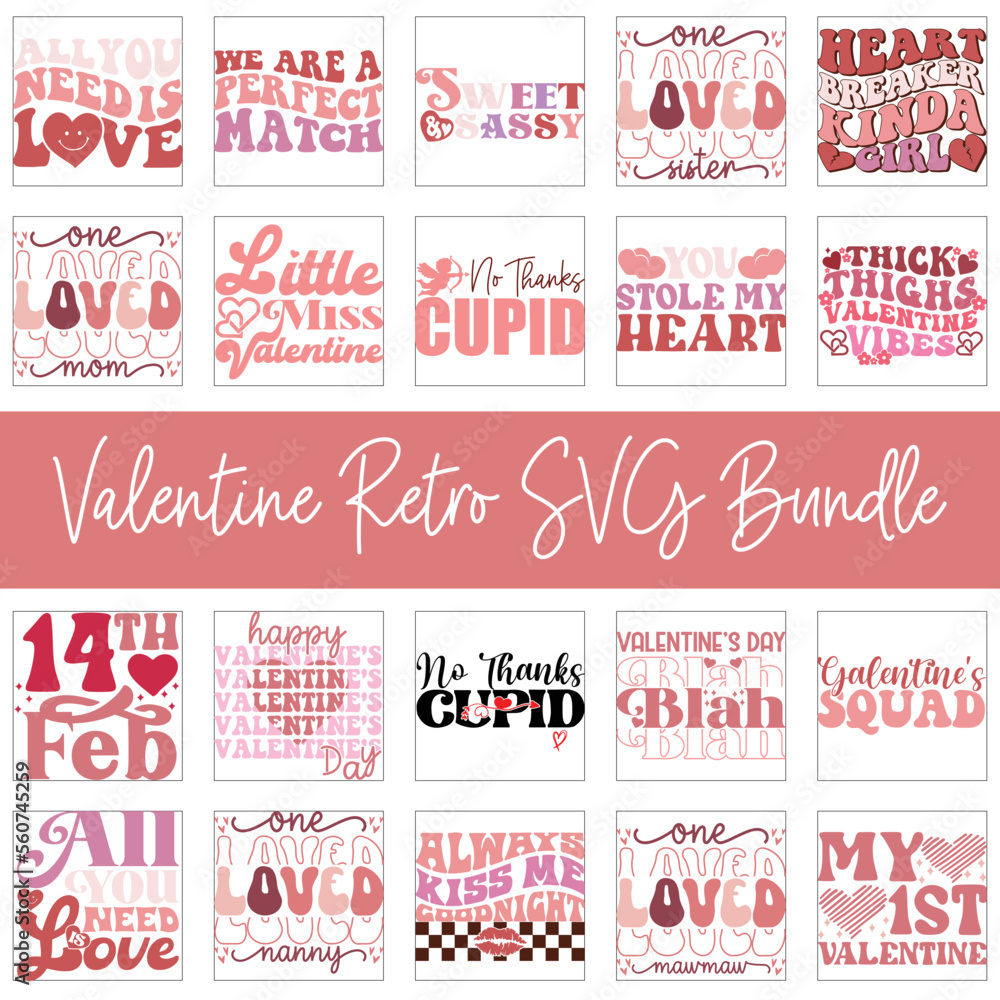 Vektorová grafika „Valentines Retro Grovvy Wavvy SVG Bundle, Retro ...