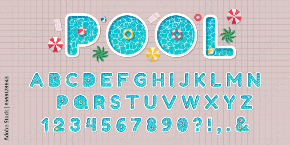 Naklejka Pool party font. Swimming pools alphabet letters and numbers ...