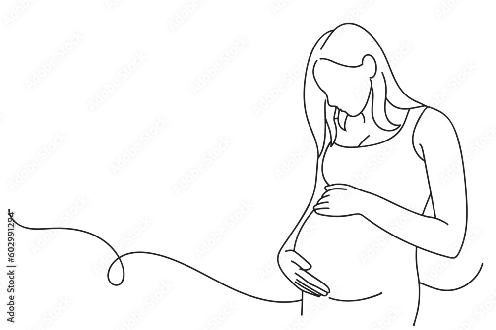 Continuous line art drawing of pregnant woman touching her belly ...