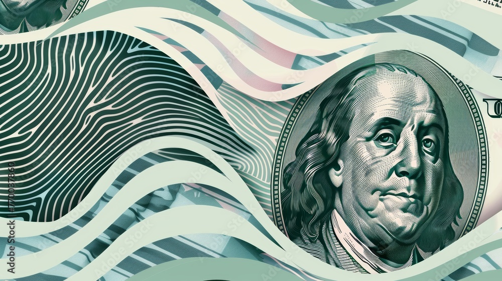 Stylized 100 dollar bill with green wavy lines and abstract patterns ...