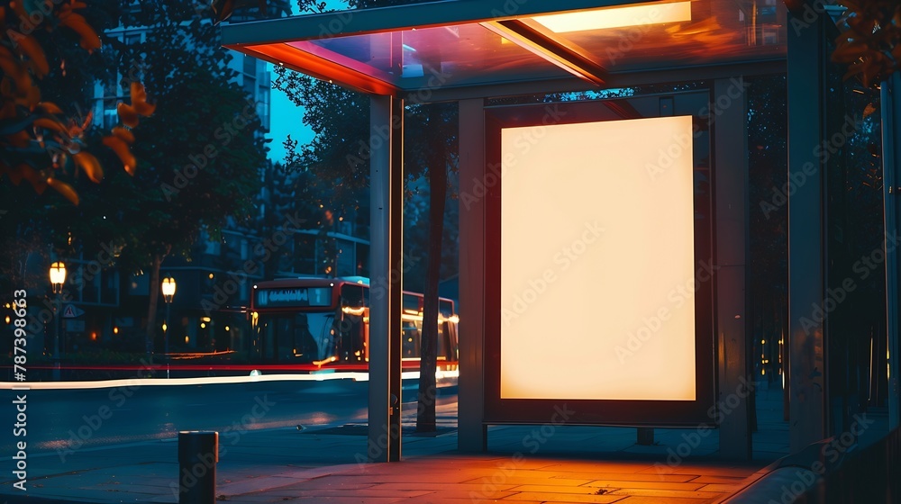 bus shelter with blank ad panel billboard display empty white lightbox ...