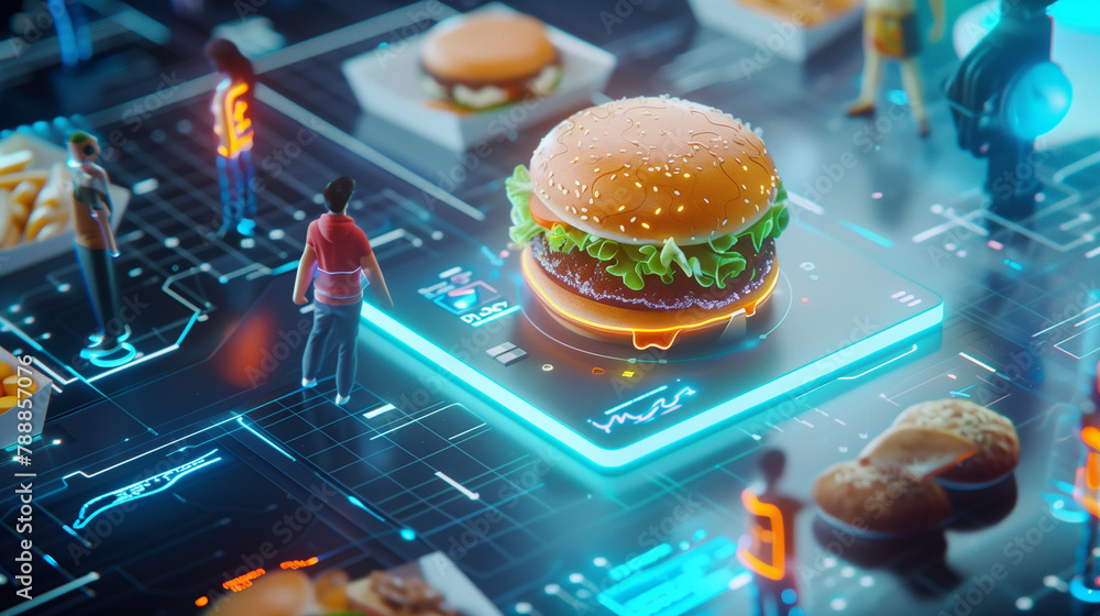 Hamburger on electronic digital circuit board. Future of the food ...