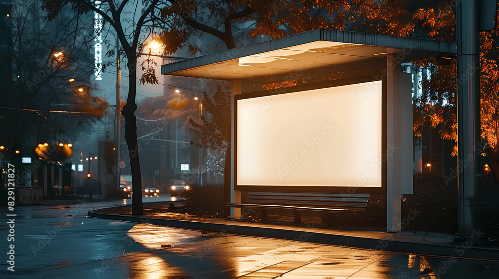 bus shelter with blank ad panel billboard display empty white lightbox ...