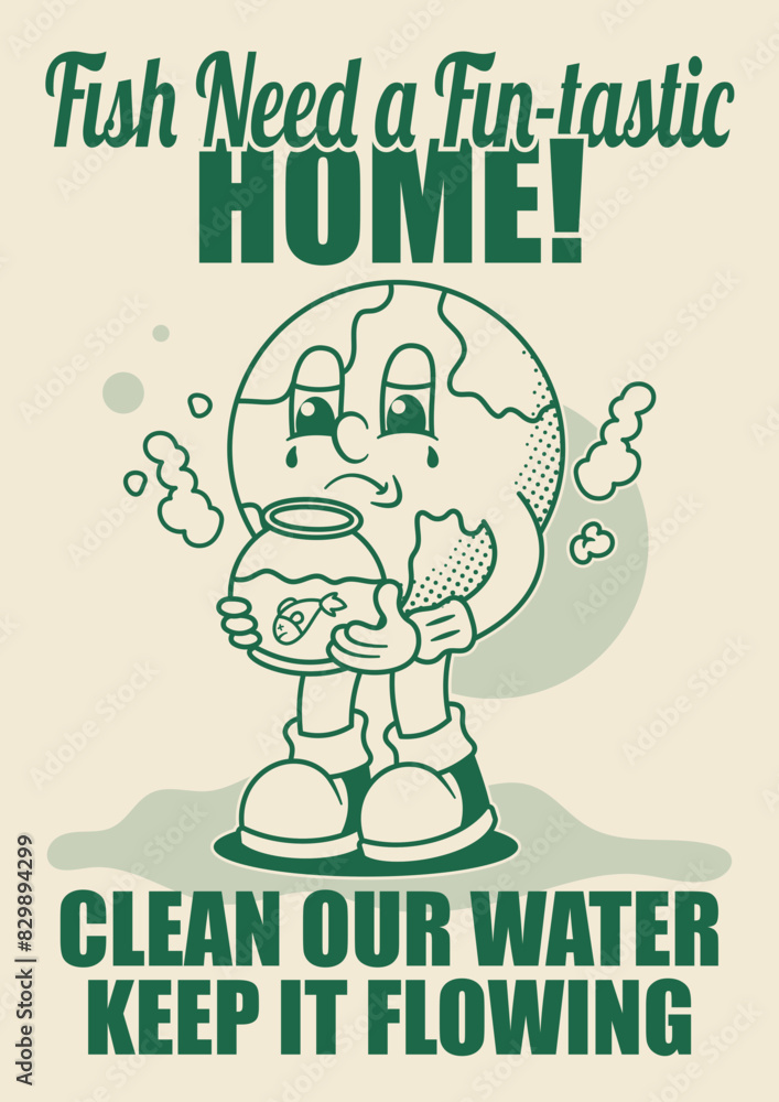 Water Pollution Poster with Earth Retro Mascot Illustration Outline ...