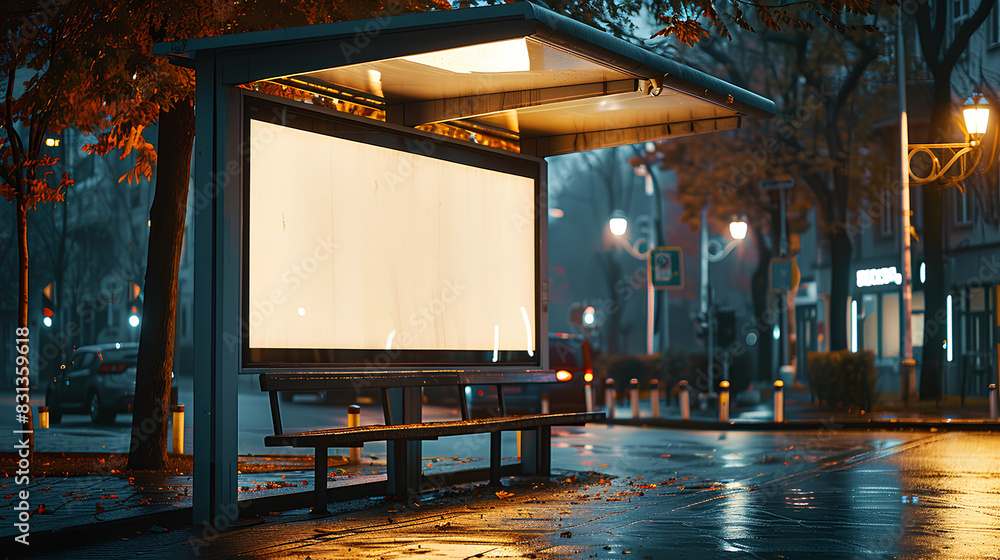 bus shelter with blank ad panel billboard display empty white lightbox ...