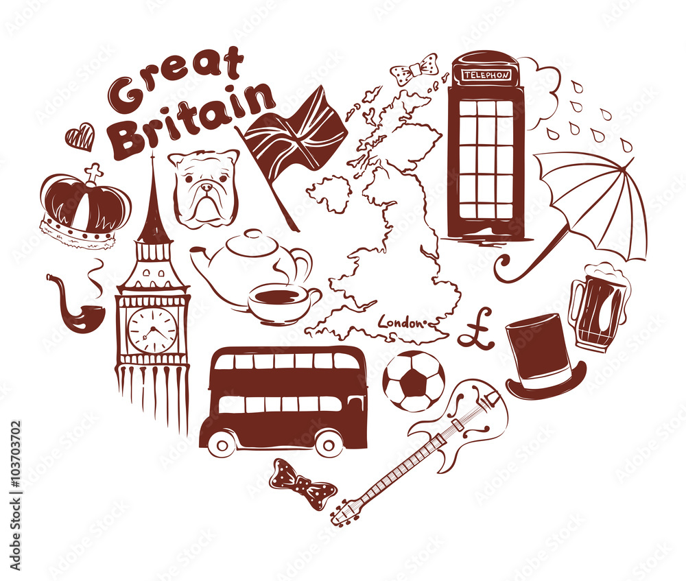 Symbols of united kingdom in the form of heart, vector illustration