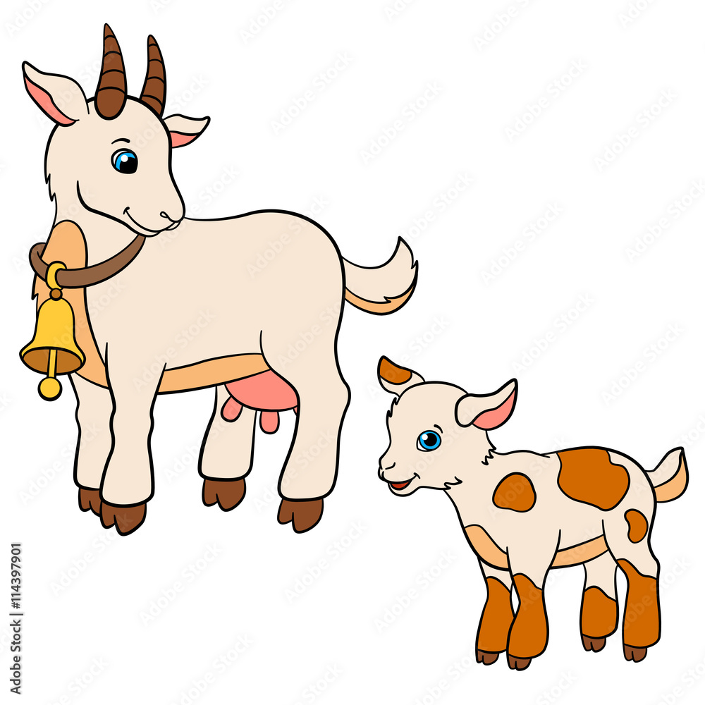 Cartoon farm animals for kids. Mother goat looks at her baby goat