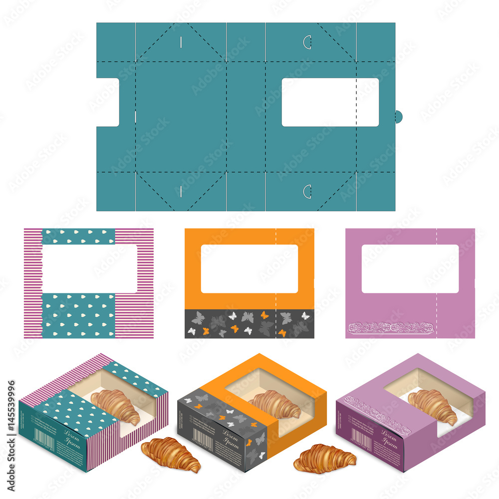 Gift Box Packaging Template. Set of Rectangle Cake Box Design,Container die-stamping, Folding Folded Packaging, Ready Pack, No Glue Needed.