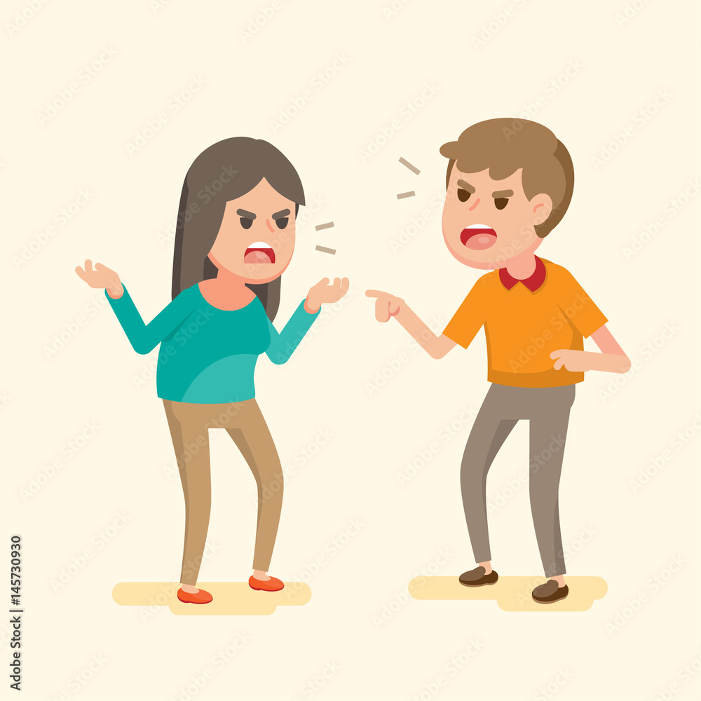 Angry young couple fighting and shouting at each other, people arguing and yelling,Vector cartoon illustration.