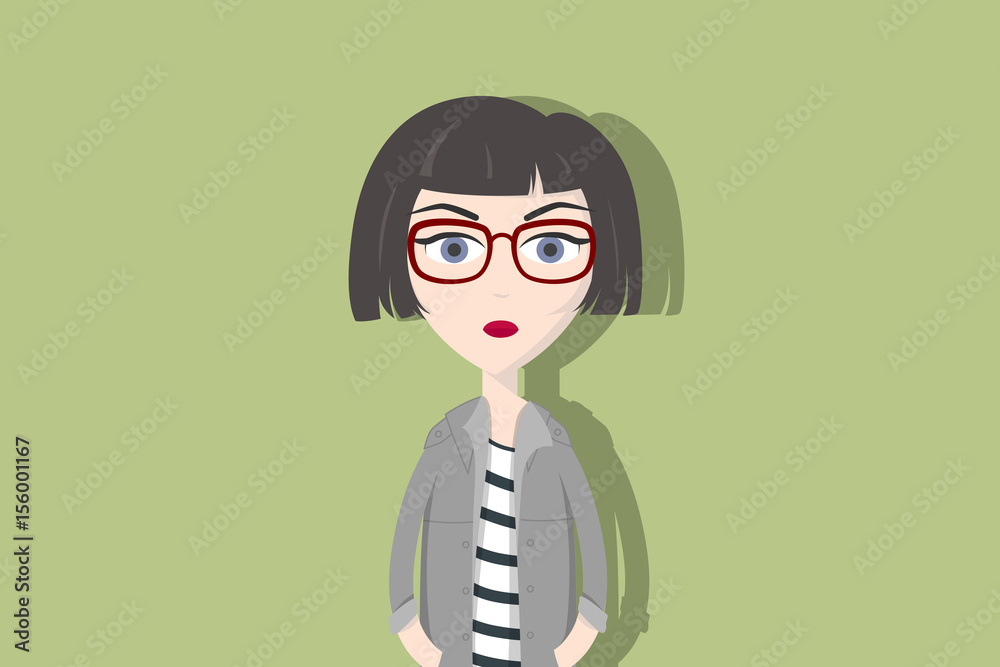 Hipster cartoon character. Woman with dark short hair, red glasses and cardigan. Flat vector illustration.