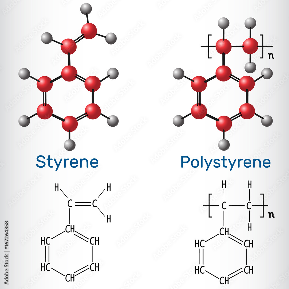 Styrene and Polystyrene (PS) polymer molecule - structural chemical formula and model