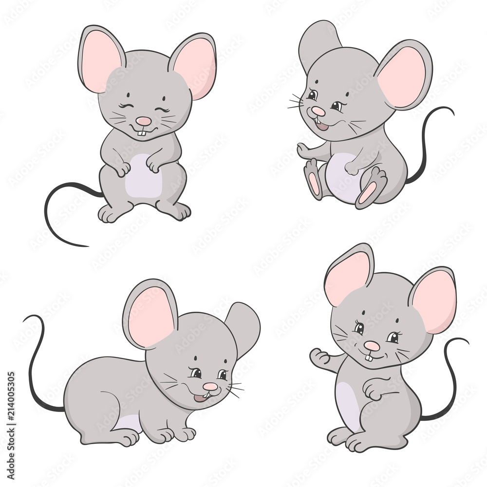 Set of cute little cartoon mice. Vector mouse collection.